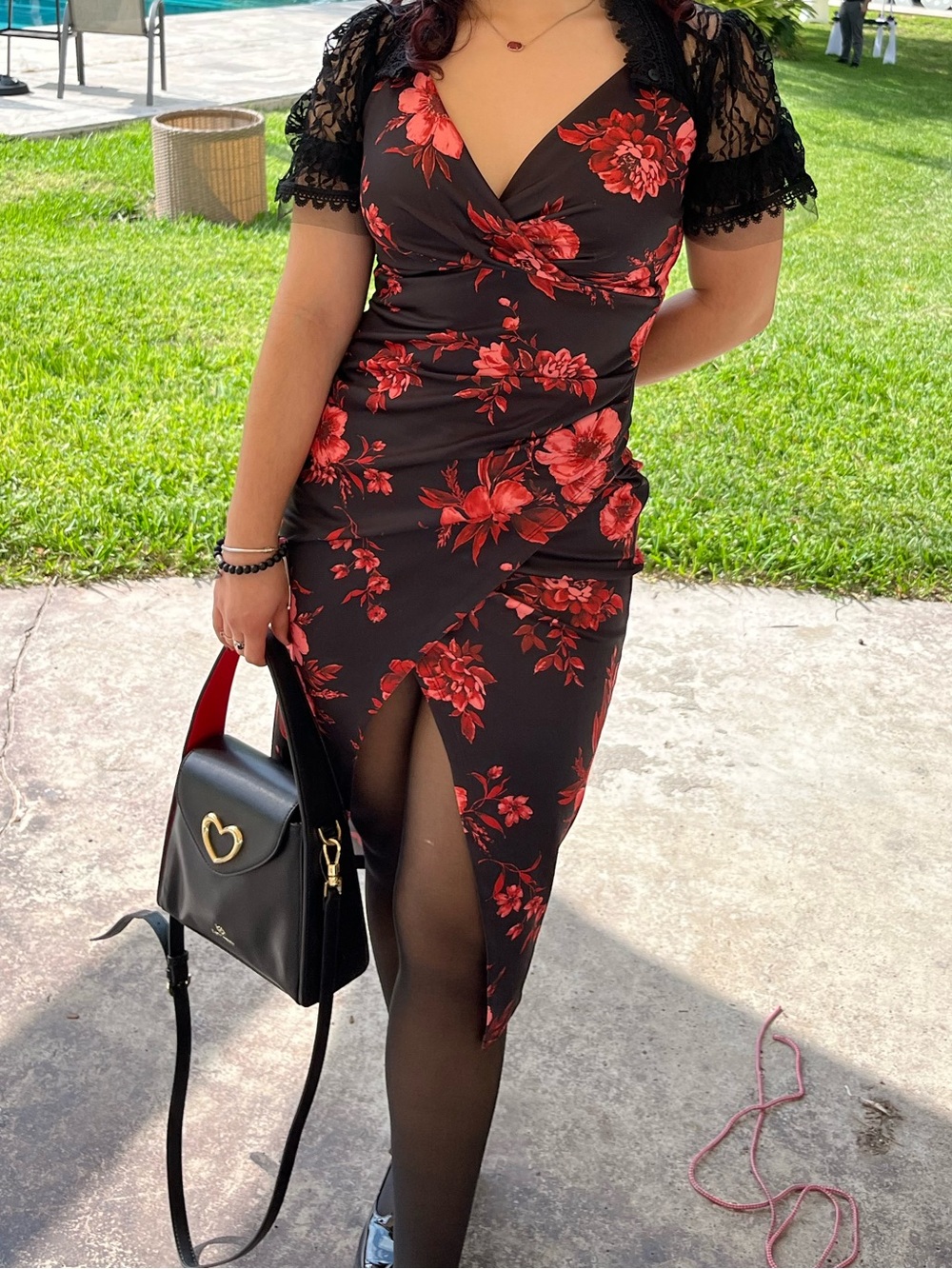 Black Slip Dress with Red Floral Print